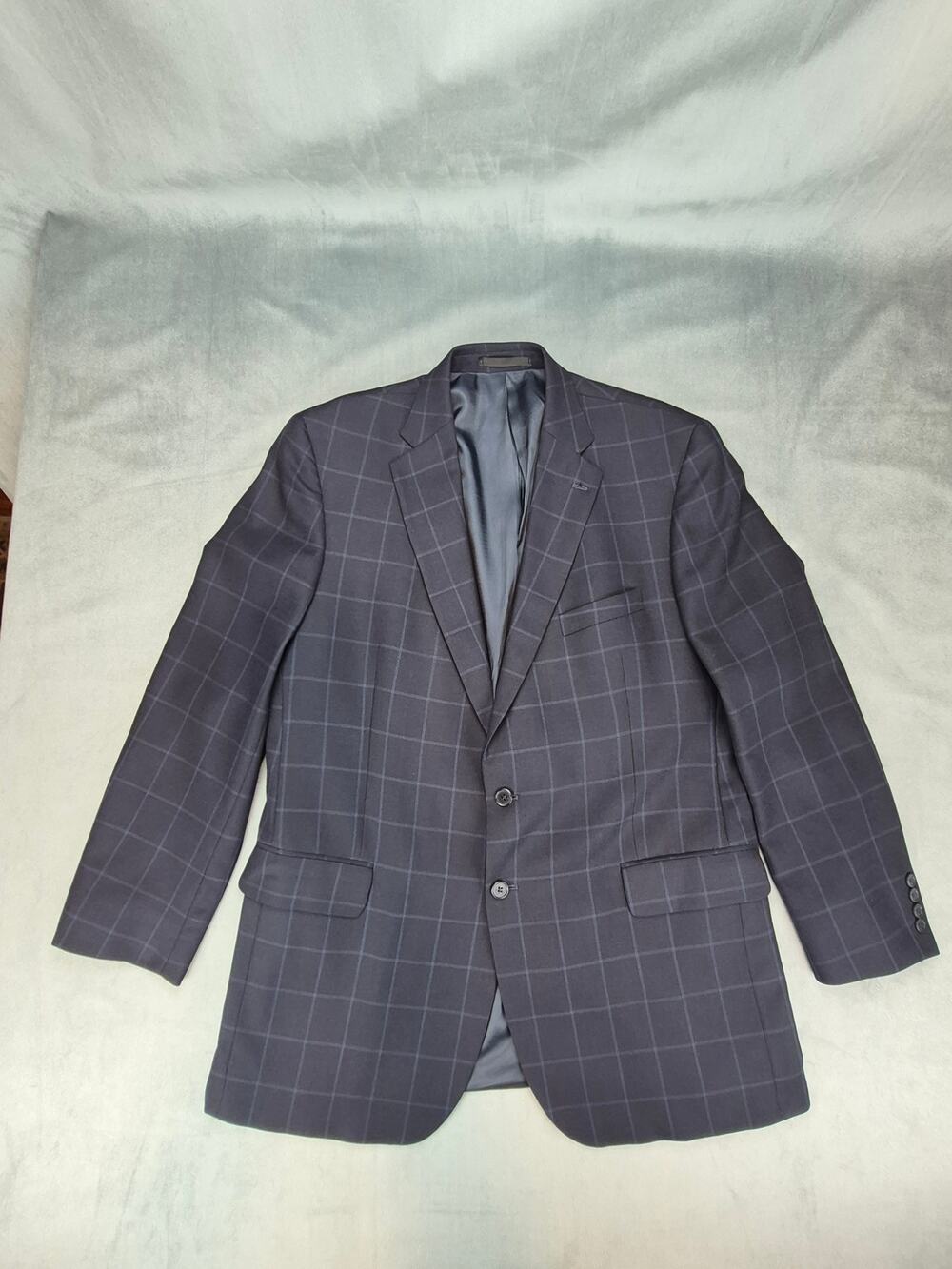 Tom James Plaid Businesscore Navy Blue 100% Wool Blazer Spor Coat Mens 44L